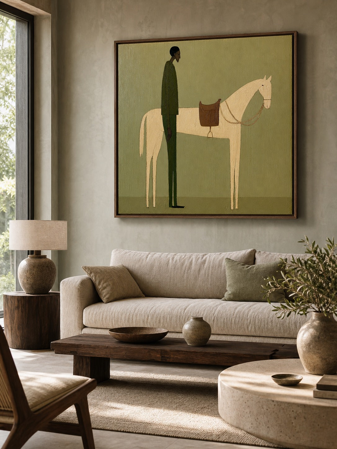 Vintage Minimalist Oil Painting Of Man With Horse In Large Framed Canvas Art - View 4 | Seegart Abstract Art