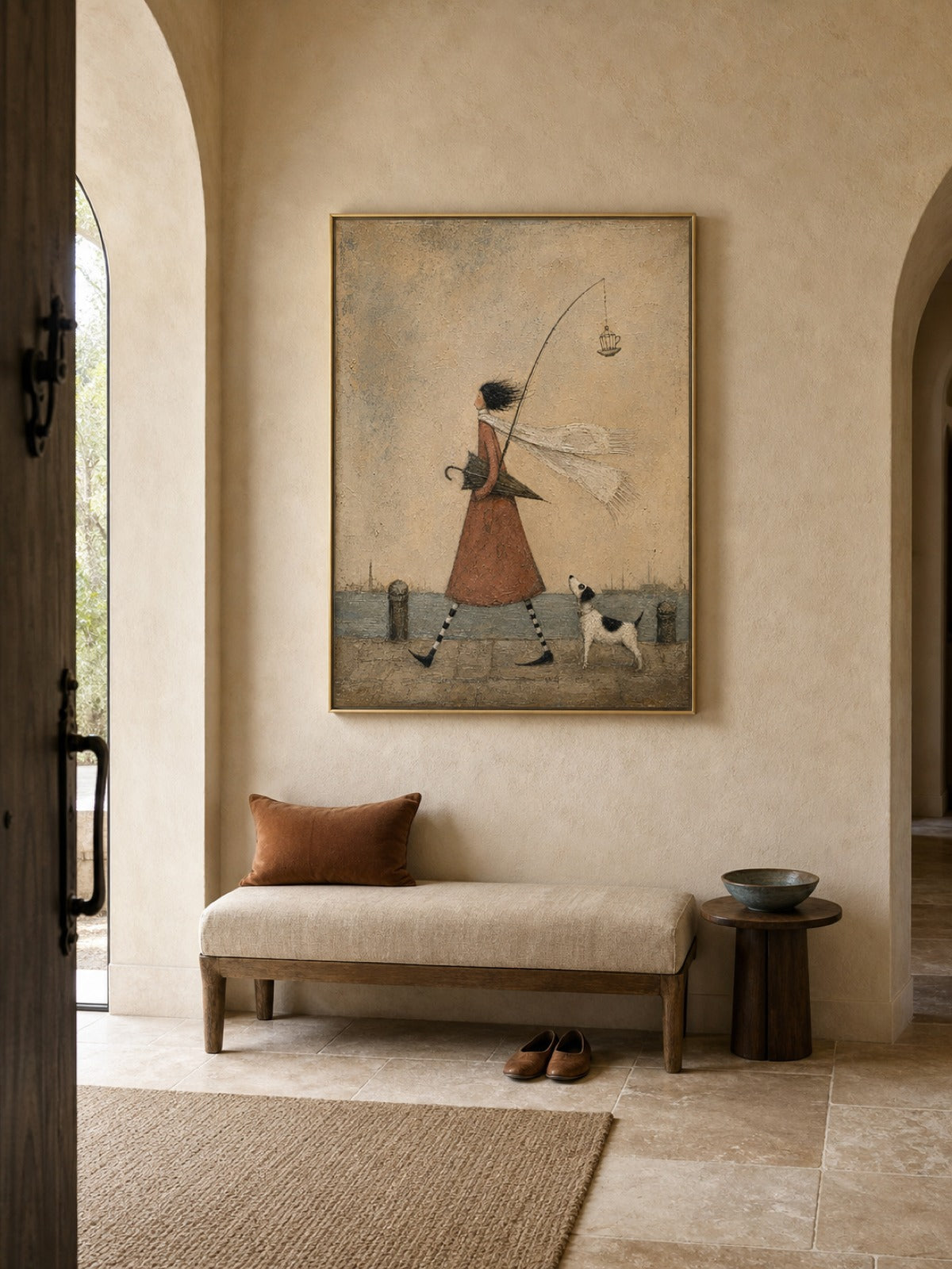 Whimsical Coastal Girl With Dog Painting Original Art For Living Room Decor-SJ#0195