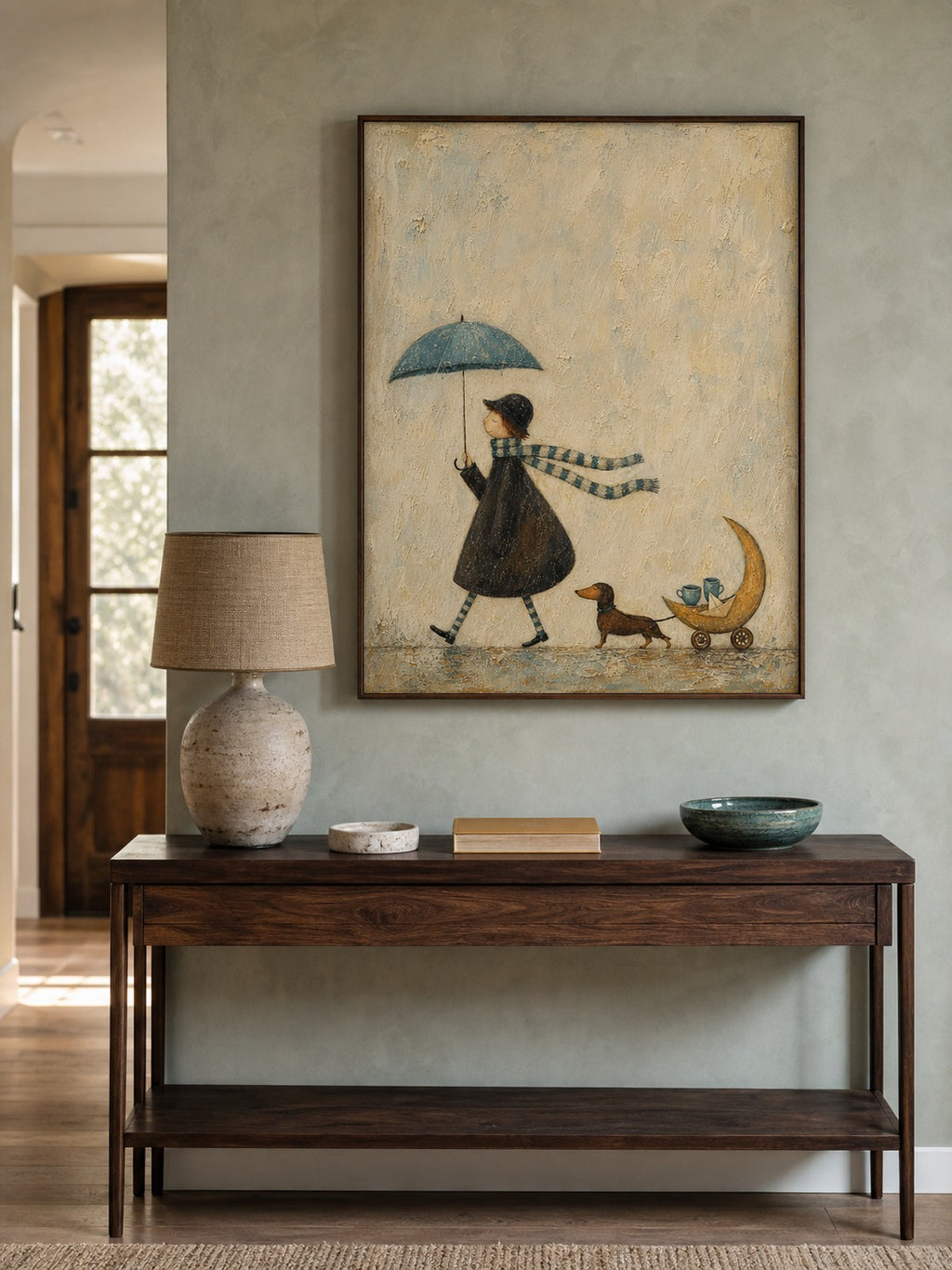 Whimsical Dachshund Canvas Art Moon Cart Tea Walk Neutral Cozy Wall Decor-SJ#0194