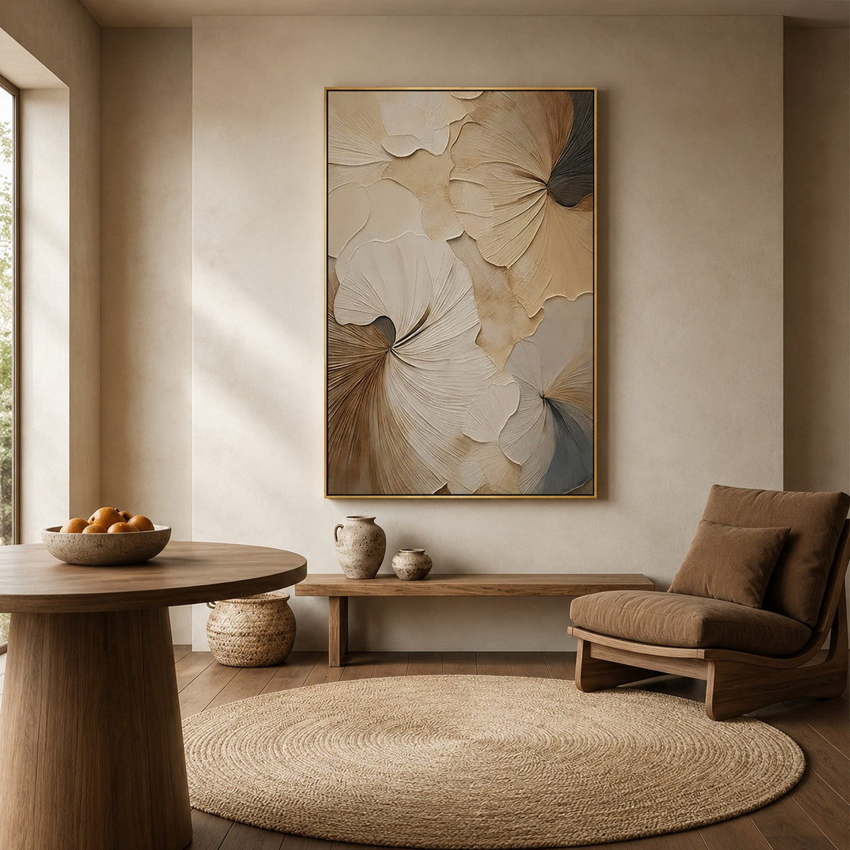 Hand-Painted Modern Floral Beige Vertical Wall Art Decor -SJ#0328