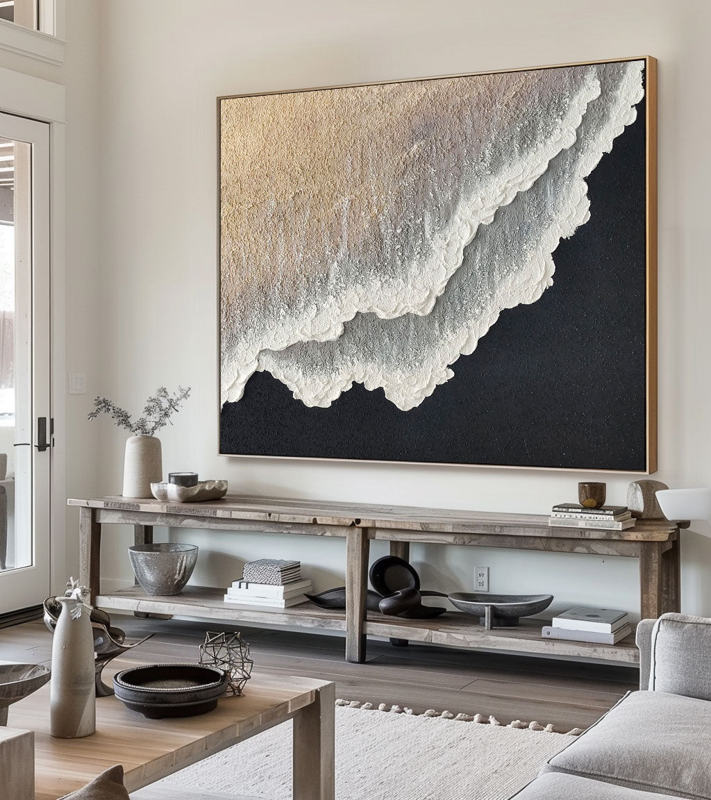 3D White And Black Minimalist Ocean Waves Art Large White And Black Minimalist Beach Pain - View 5 | Seegart Abstract Art