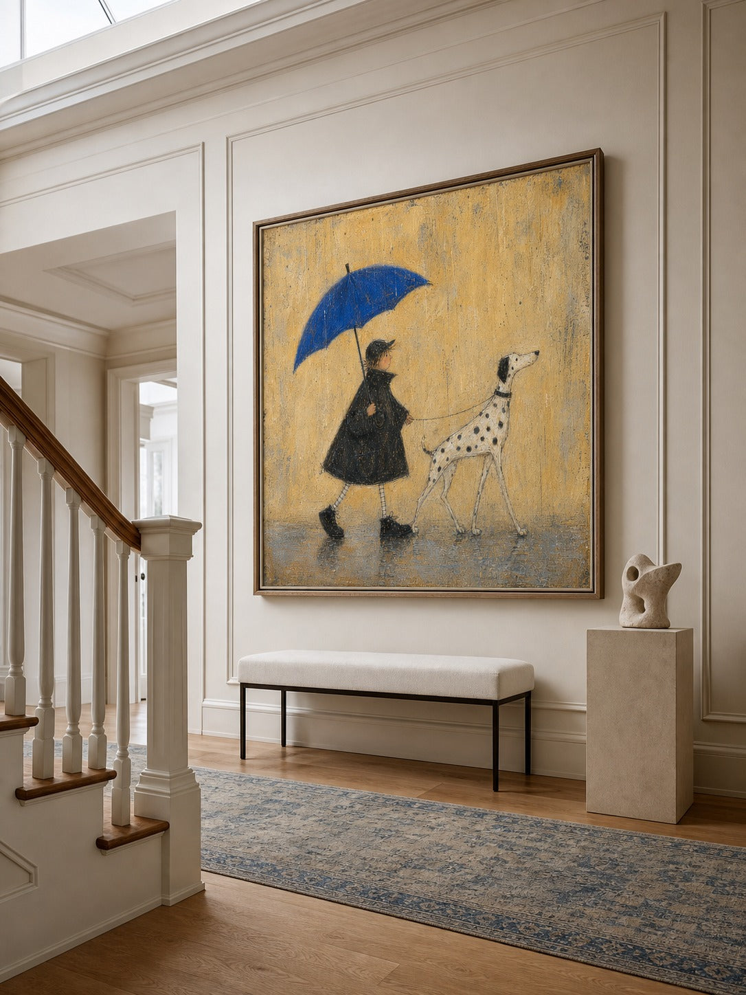 Dog Painting On Canvas Boy And Dalmatian Wall Art Blue Umbrella Decor-SJ#0189