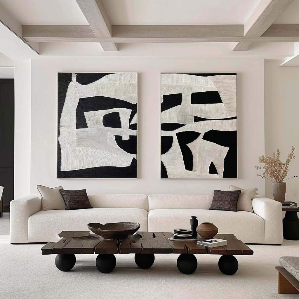 Black & White Textured Wall Art Modern Abstract Painting Set of 2 Minimalist Canvas - View 5 | Seegart Abstract Art