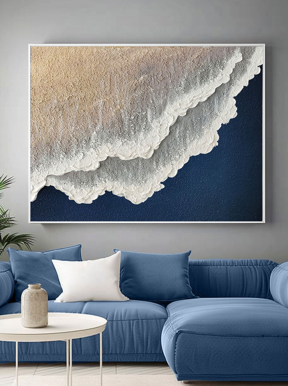 Navy Blue White Abstract Ocean Painting 3D White And Blue Minimalist Ocean Waves Art M-SJ#0202