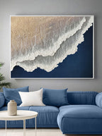 Navy Blue White Abstract Ocean Painting 3D White And Blue Minimalist Ocean Waves Art M-SJ#0202