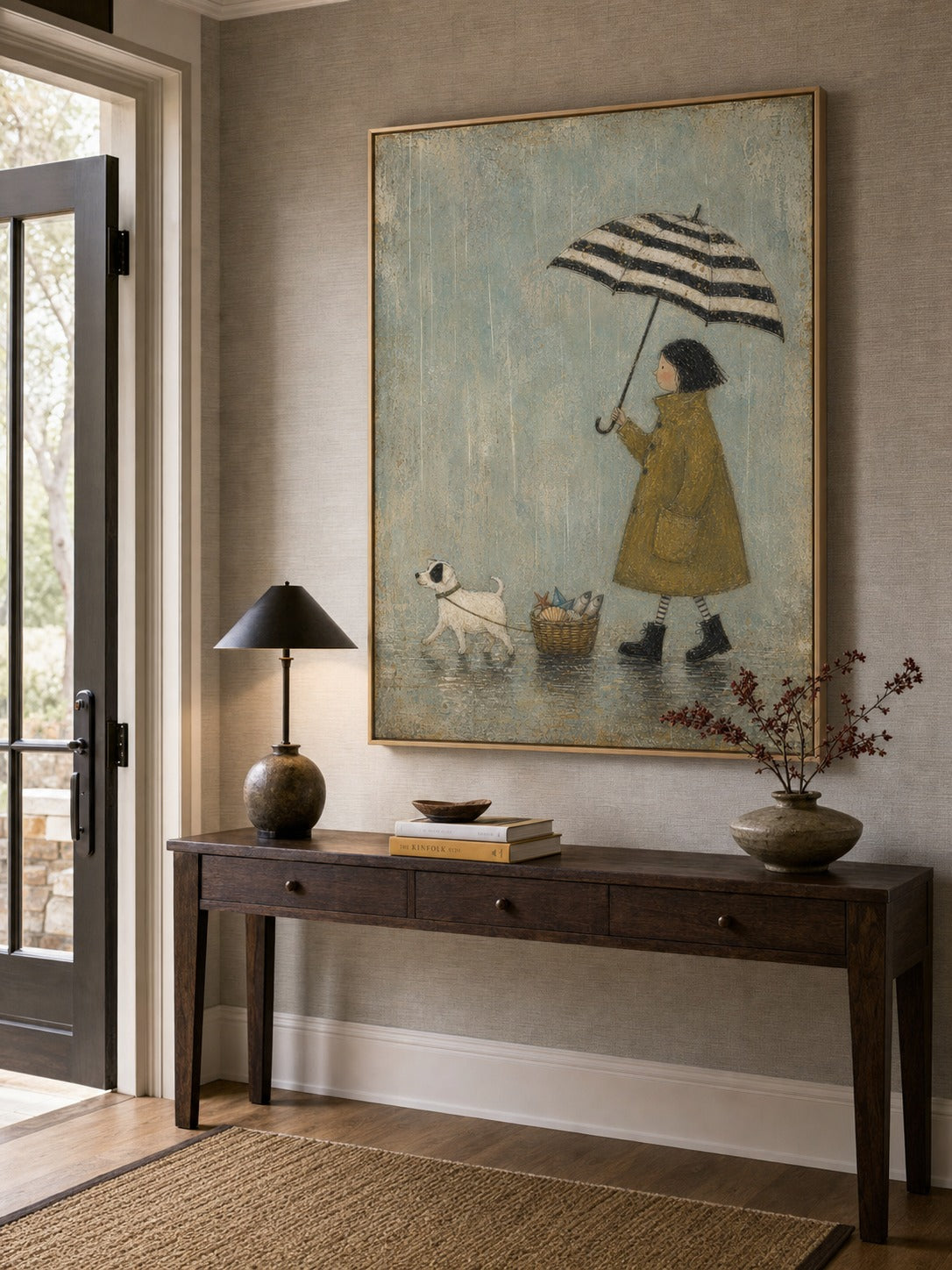 Rainy Day Dog Canvas Wall Art Striped Umbrella And Fish Basket Vintage Decor-SJ#0196