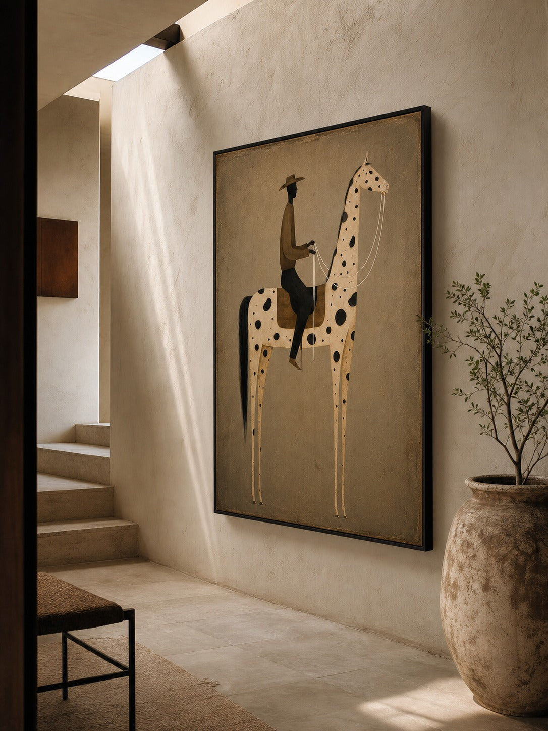Vintage Equestrian Oil Painting Featuring A Stylized Rider On A Spotted Horse In Earthy Tones-SJ#0228