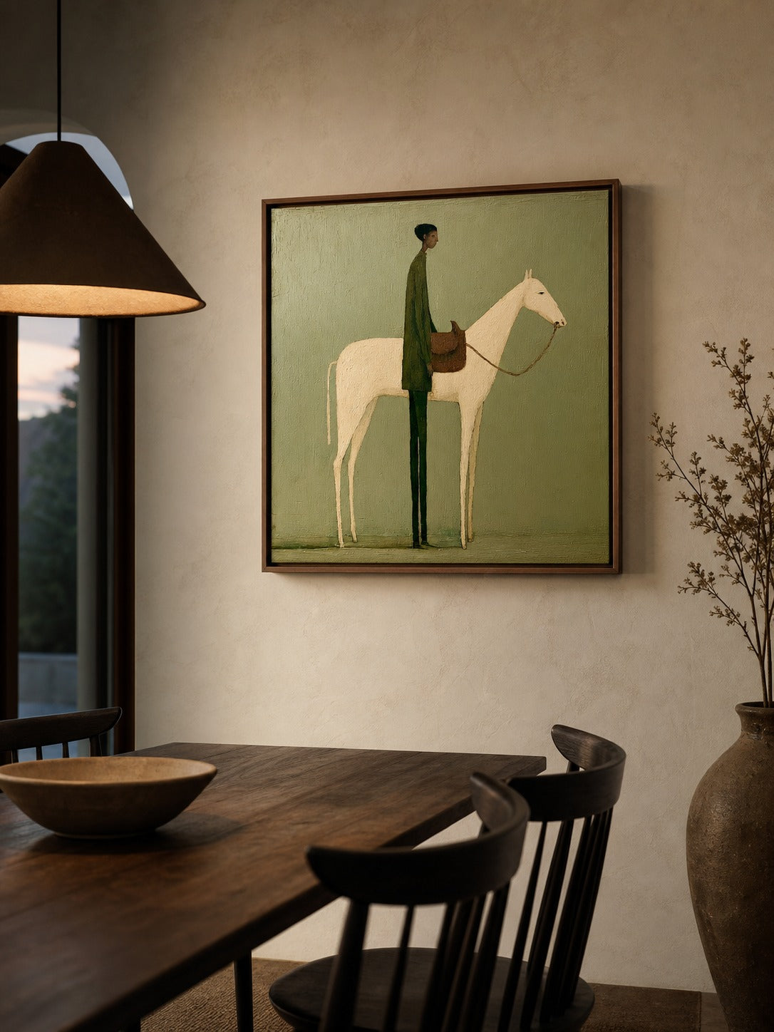 Vintage Figure And Horse Oil Painting Minimalist Horse And Figure Hand-Painted Wall Art - In Room Setting | Seegart Wall Art