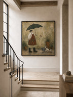 Vintage Gardener With Dog Painting In Earthy Tones For Cozy Home Decor-SJ#0184