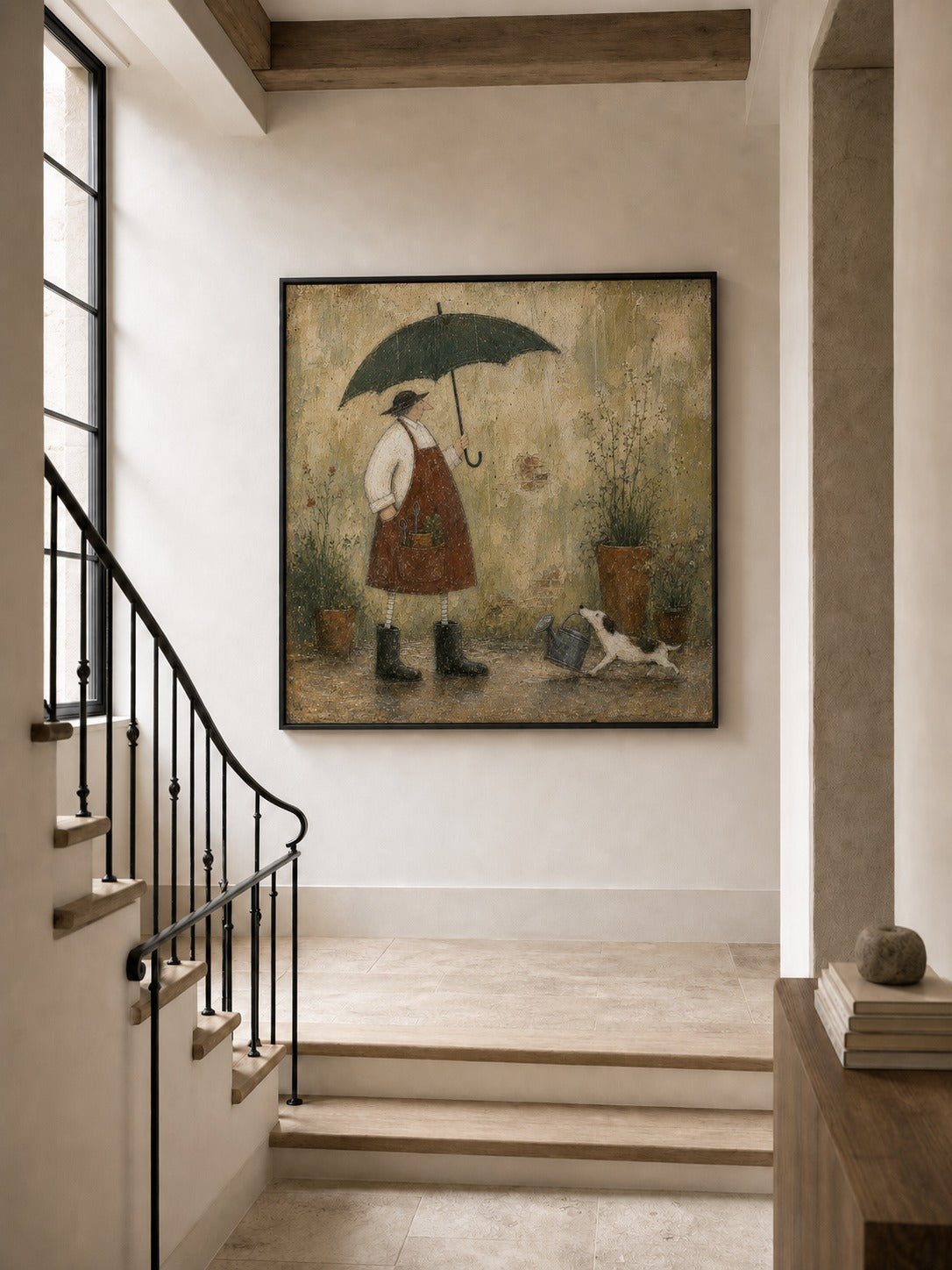 Vintage Gardener With Dog Painting In Earthy Tones For Cozy Home Decor-SJ#0184