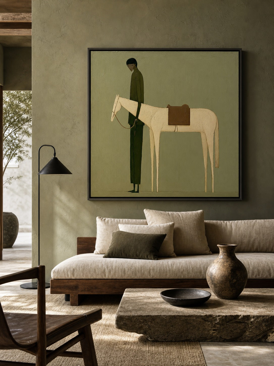 Vintage Green Horse Painting Original Oil On Linen For Modern Home Decor - Texture Detail Closeup | Seegart