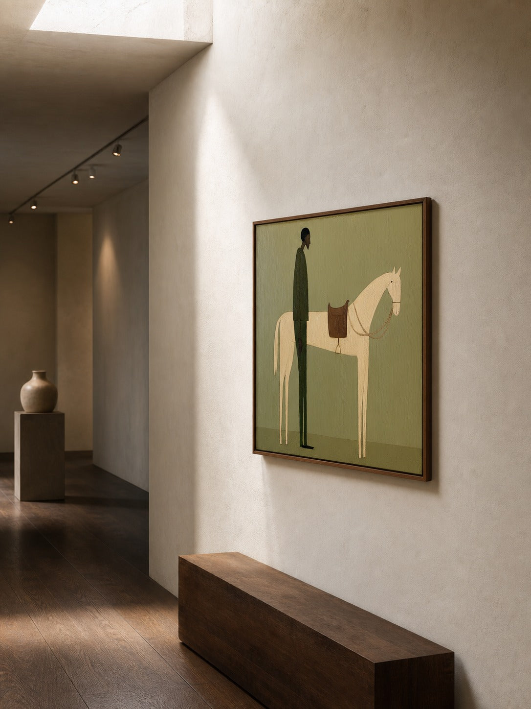 Vintage Minimalist Oil Painting Of Man With Horse In Large Framed Canvas Art - View 5 | Seegart Abstract Art
