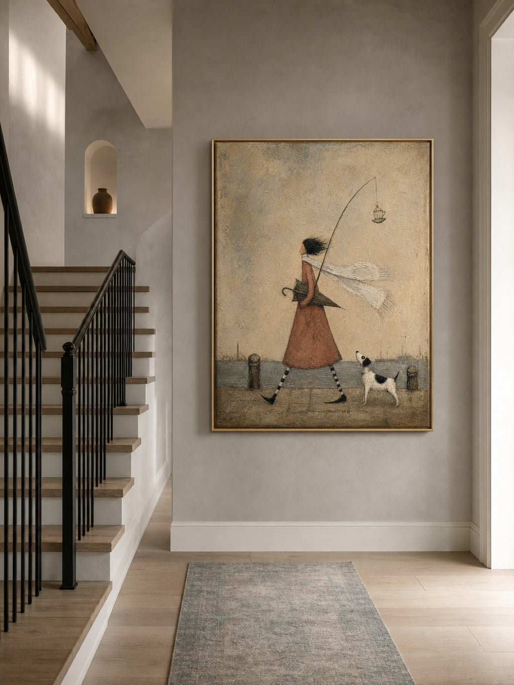 Whimsical Coastal Girl With Dog Painting Original Art For Living Room Decor-SJ#0195