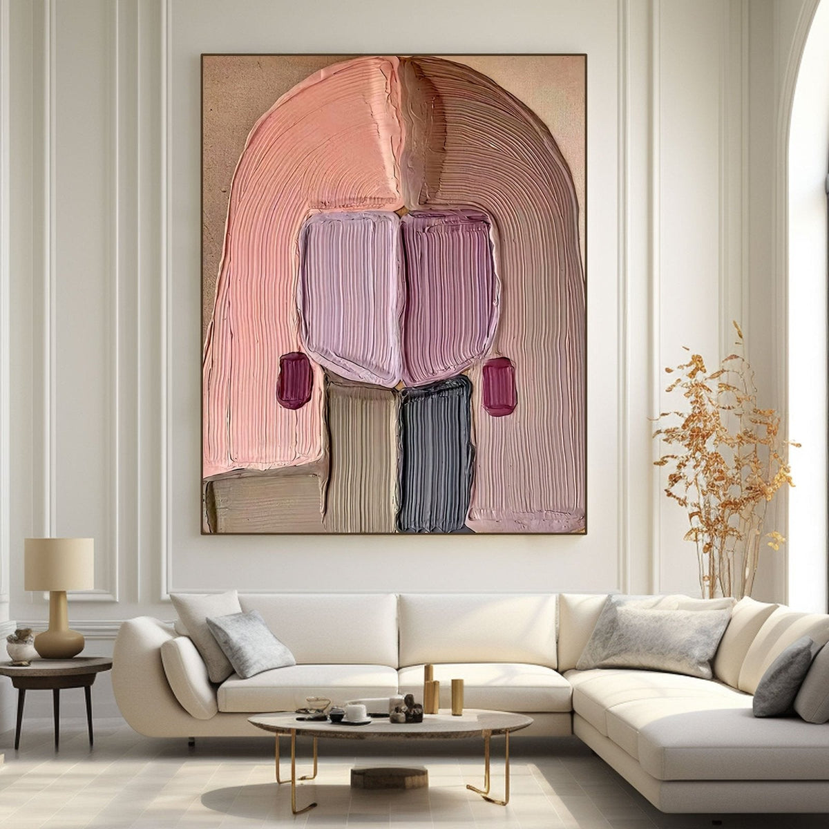 Large Thick Textured Mauve Pink and Brown People Abstract Modern Wall Art-SJ#0337
