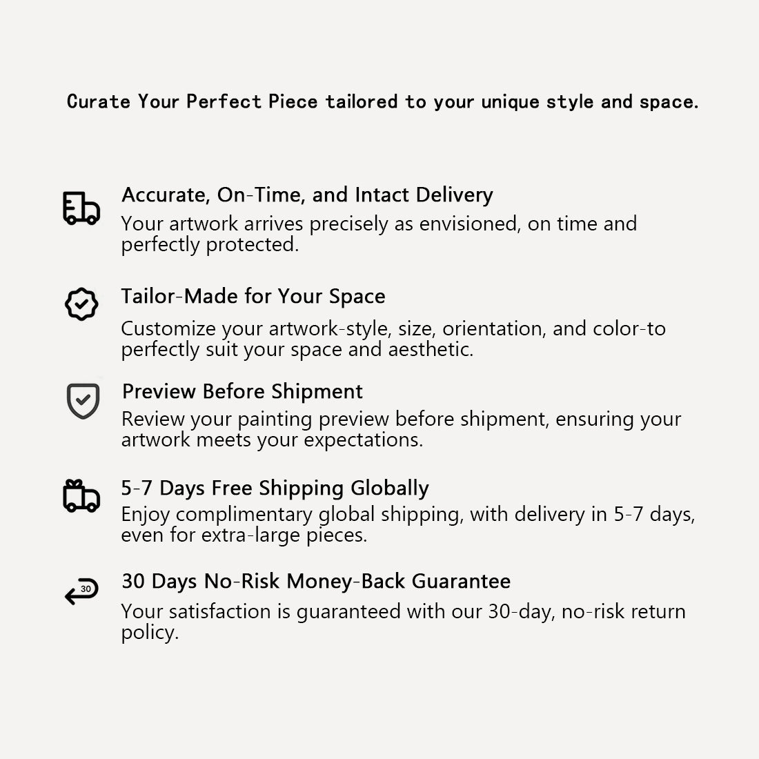 Seegart service promises: accurate on-time delivery, made-to-order customization, pre-shipment photo preview, free global shipping and a 30-day return guarantee