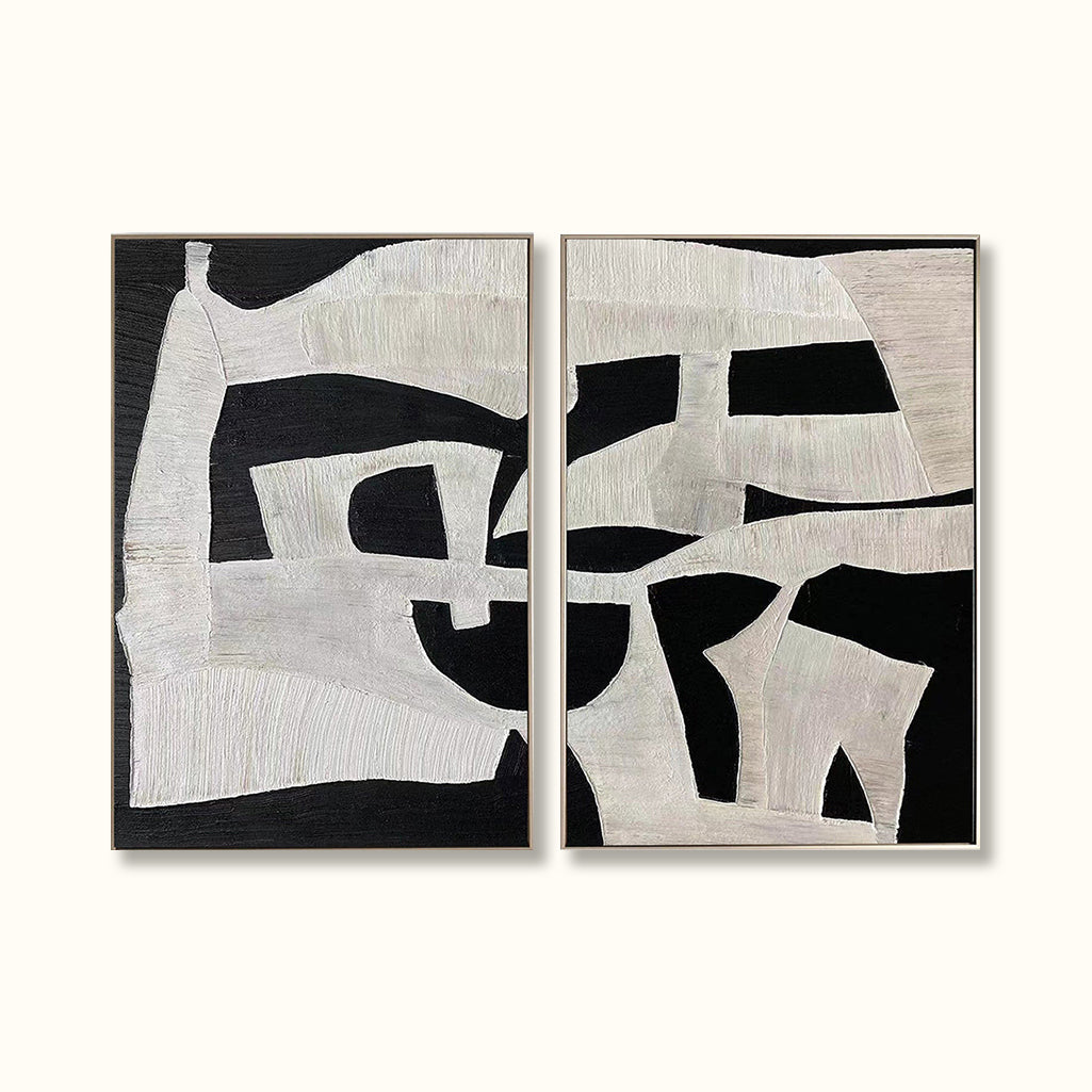 Black & White Textured Wall Art Modern Abstract Painting Set of 2 Minimalist Canvas -SJ#0292