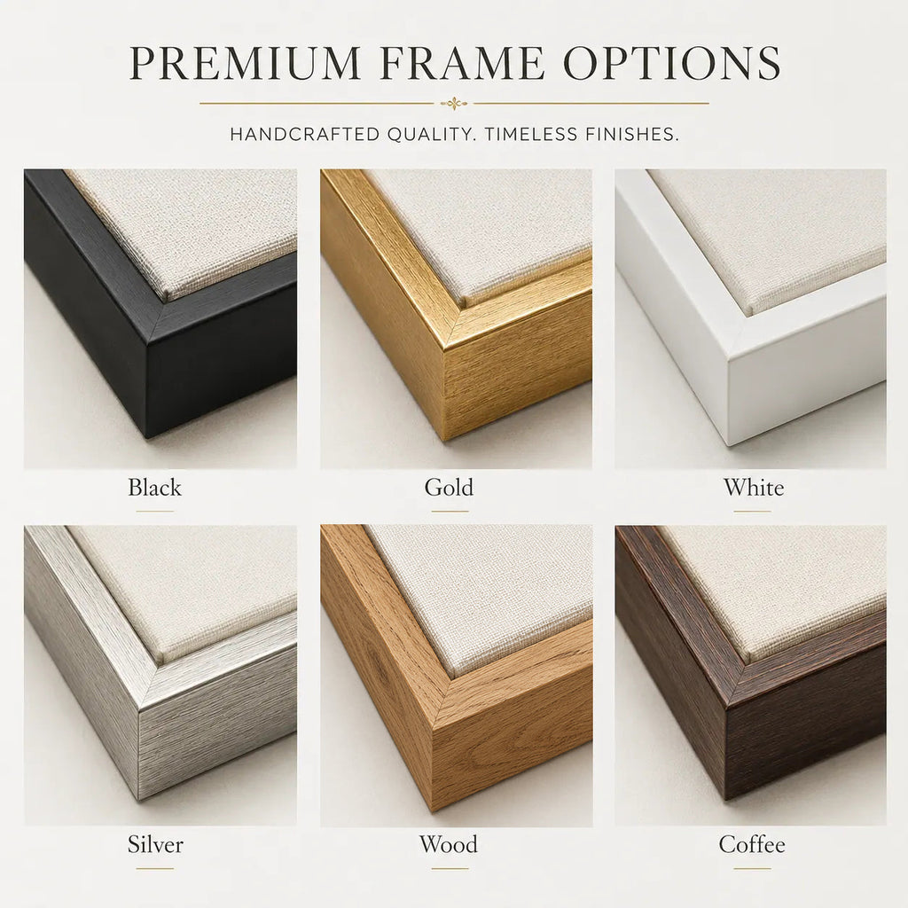 Premium picture frame finish options in black, gold, white, silver, natural wood and coffee