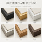 Premium picture frame finish options in black, gold, white, silver, natural wood and coffee