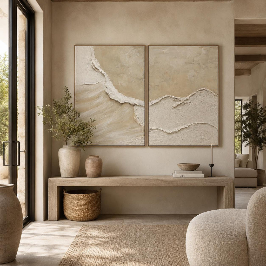 Neutral Textured Ocean Wave Wall Art Set, Hand Painted Beige Abstract Canvas Pair, Large 3D Textured Painting, Coastal Organic Modern Decor - #SJ0329