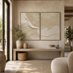 Neutral Textured Ocean Wave Wall Art Set, Hand Painted Beige Abstract Canvas Pair, Large 3D Textured Painting, Coastal Organic Modern Decor - #SJ0329