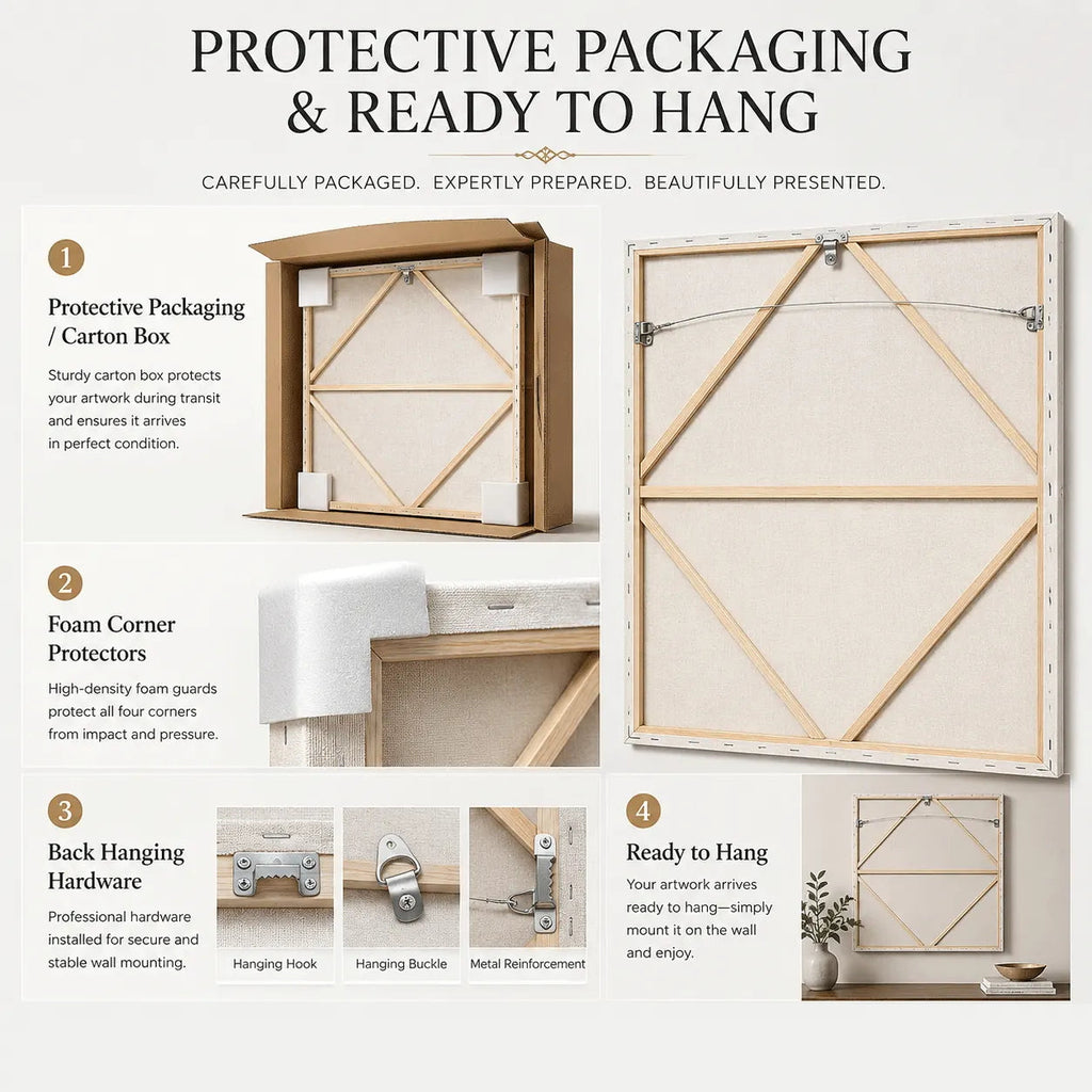 Protective packaging and ready-to-hang setup: sturdy carton, foam corner protectors and installed hanging hardware