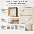 Protective packaging and ready-to-hang setup: sturdy carton, foam corner protectors and installed hanging hardware
