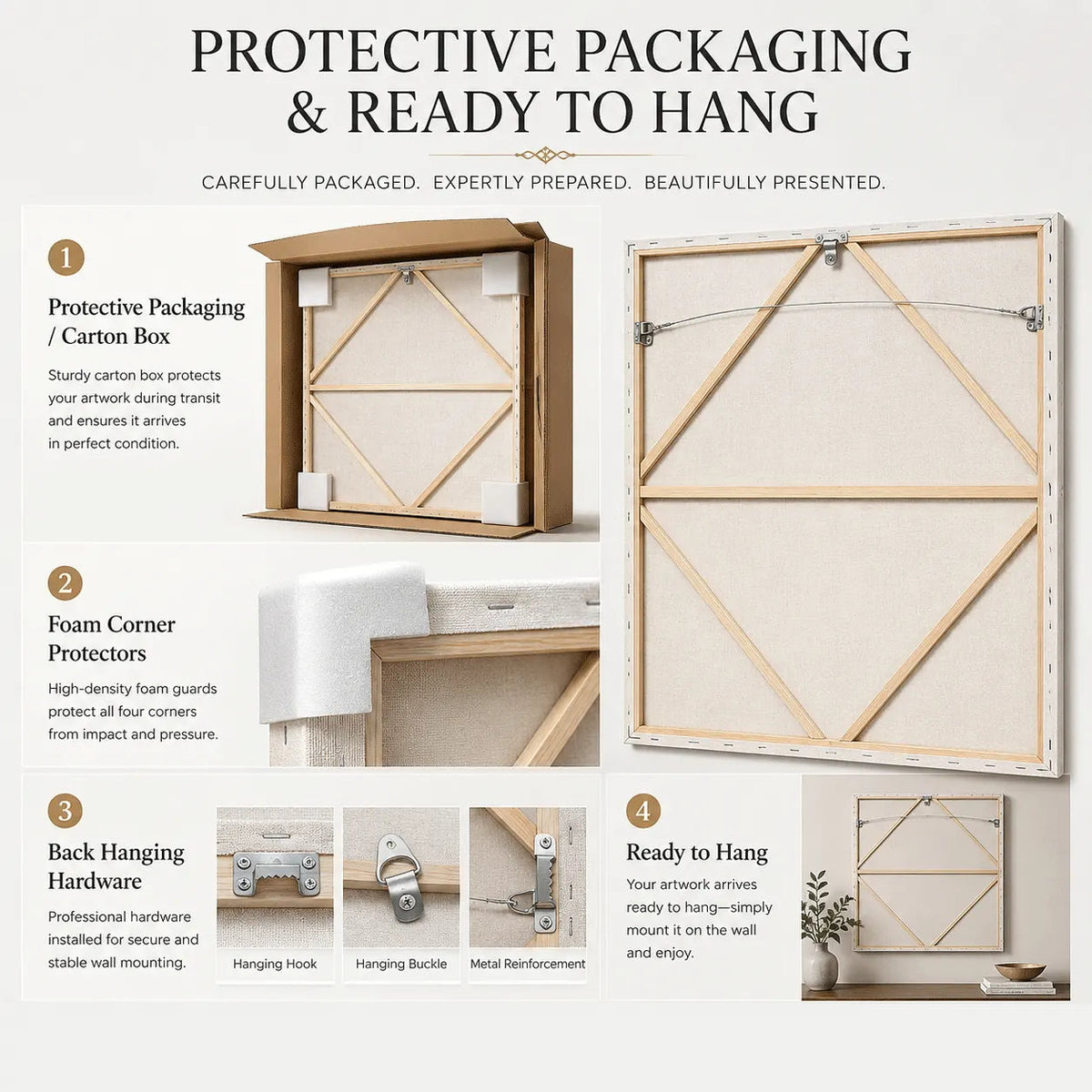 Protective packaging and ready-to-hang setup: sturdy carton, foam corner protectors and installed hanging hardware
