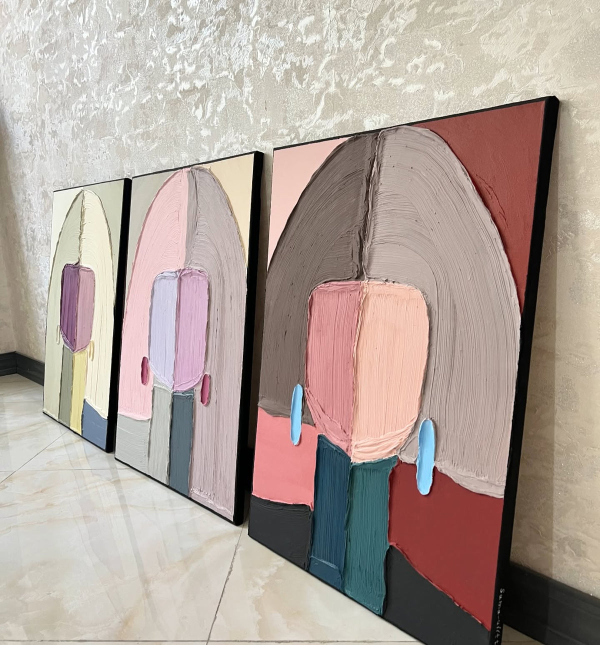 Large Thick Textured Mauve Pink and Brown People Abstract Modern Wall Art-SJ#0338