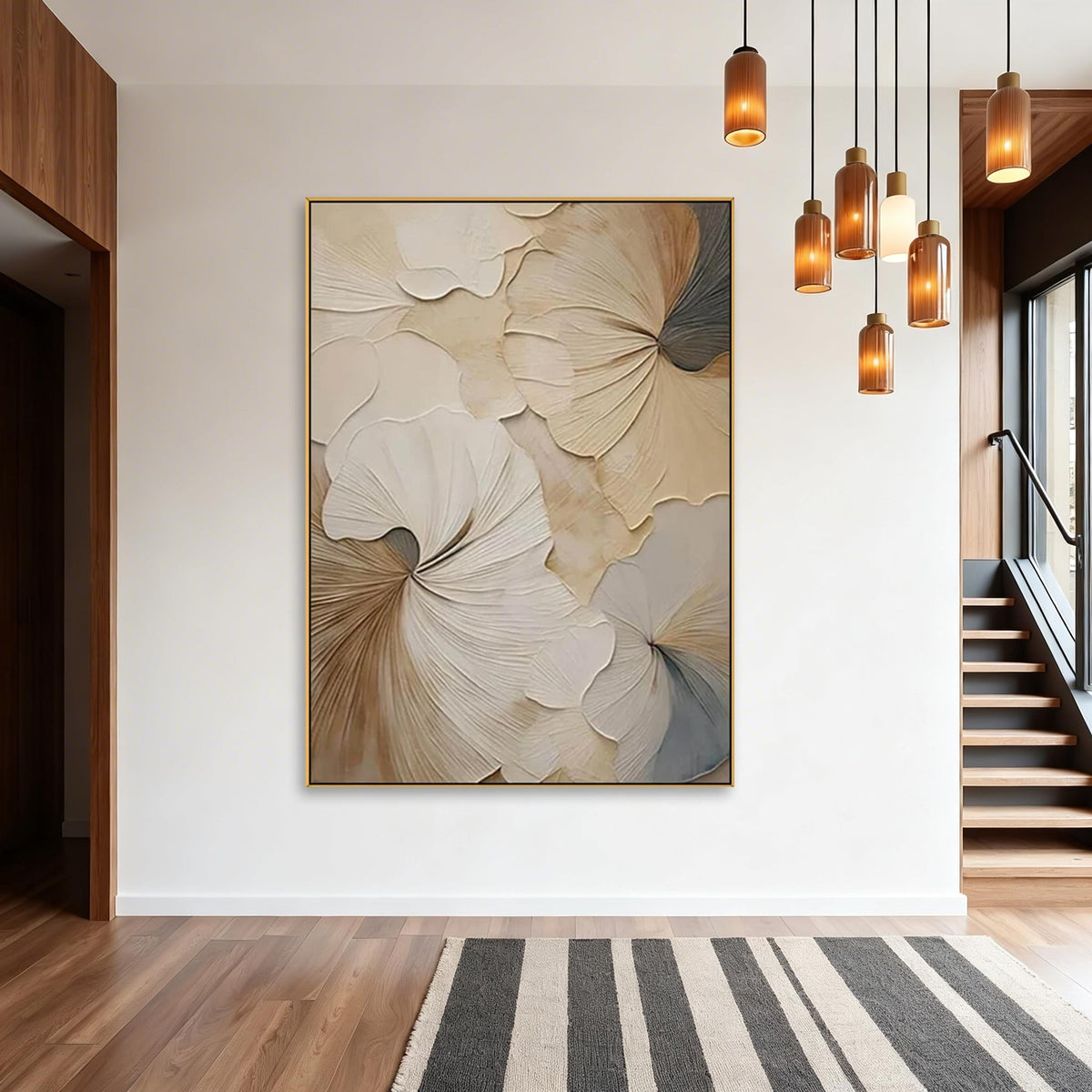 Hand-Painted Modern Floral Beige Vertical Wall Art Decor -SJ#0328