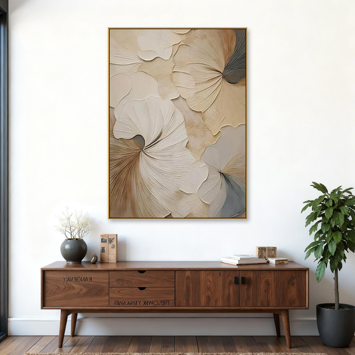Hand-Painted Modern Floral Beige Vertical Wall Art Decor -SJ#0328
