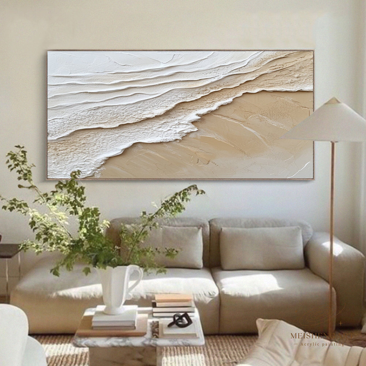 3D Ocean Waves Painting_ Beach Abstract Art Beige Textured Wabi-sabi Wall Decor -SJ#0269