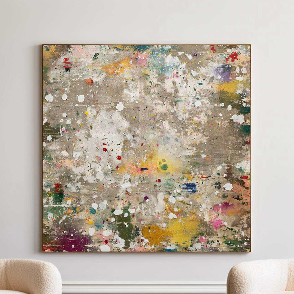Colorful Abstract Splatter Painting Neutral Textured Wall Art Large Square Modern Canvas -SJ#0311（副本）