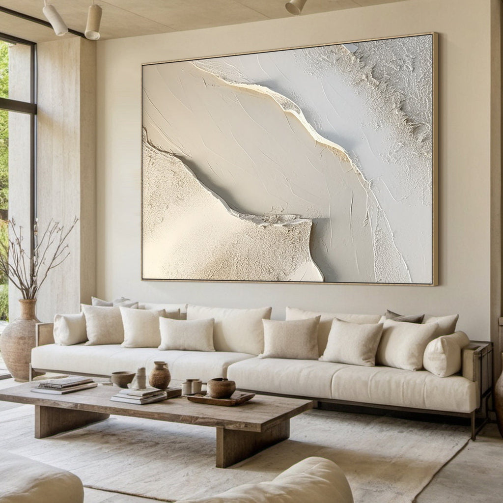 Large White Canvas Abstract Painting, Beige Minimalist Wall Art, Beige Textured Hand Painting, Modern Stylish Home Decor - In Room Setting | Seegart Wall Art