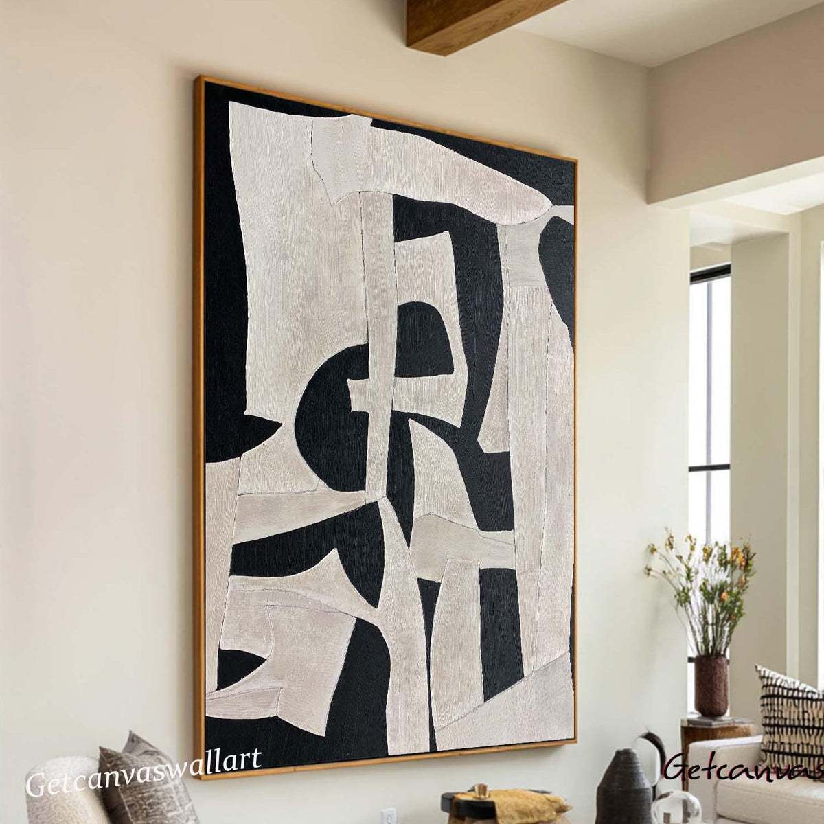 Black Beige Abstract Wall Art Large Textured Modern Painting Wabi Sabi Minimalist Canvas -SJ#0293