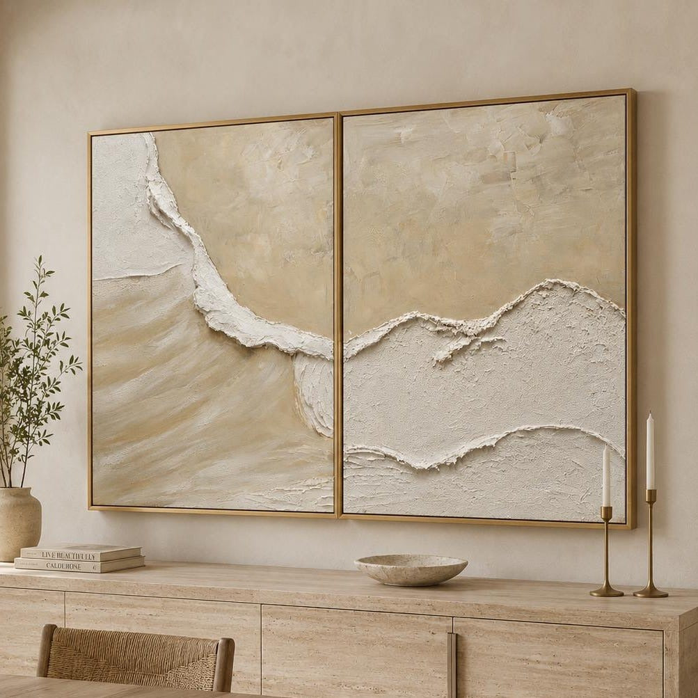 Neutral Textured Ocean Wave Wall Art Set, Hand Painted Beige Abstract Canvas Pair, Large 3D Textured Painting, Coastal Organic Modern Decor - #SJ0329