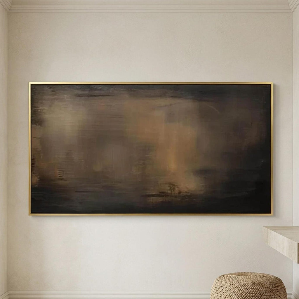 Moody Abstract Painting, Dark Brown Panoramic Canvas Art, Rustic Modern Living Room Decor -SJ#0285