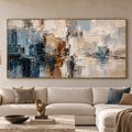 Blue Beige Textured Abstract Painting, Geometric Wall Art, Large Horizontal Canvas -SJ#0275