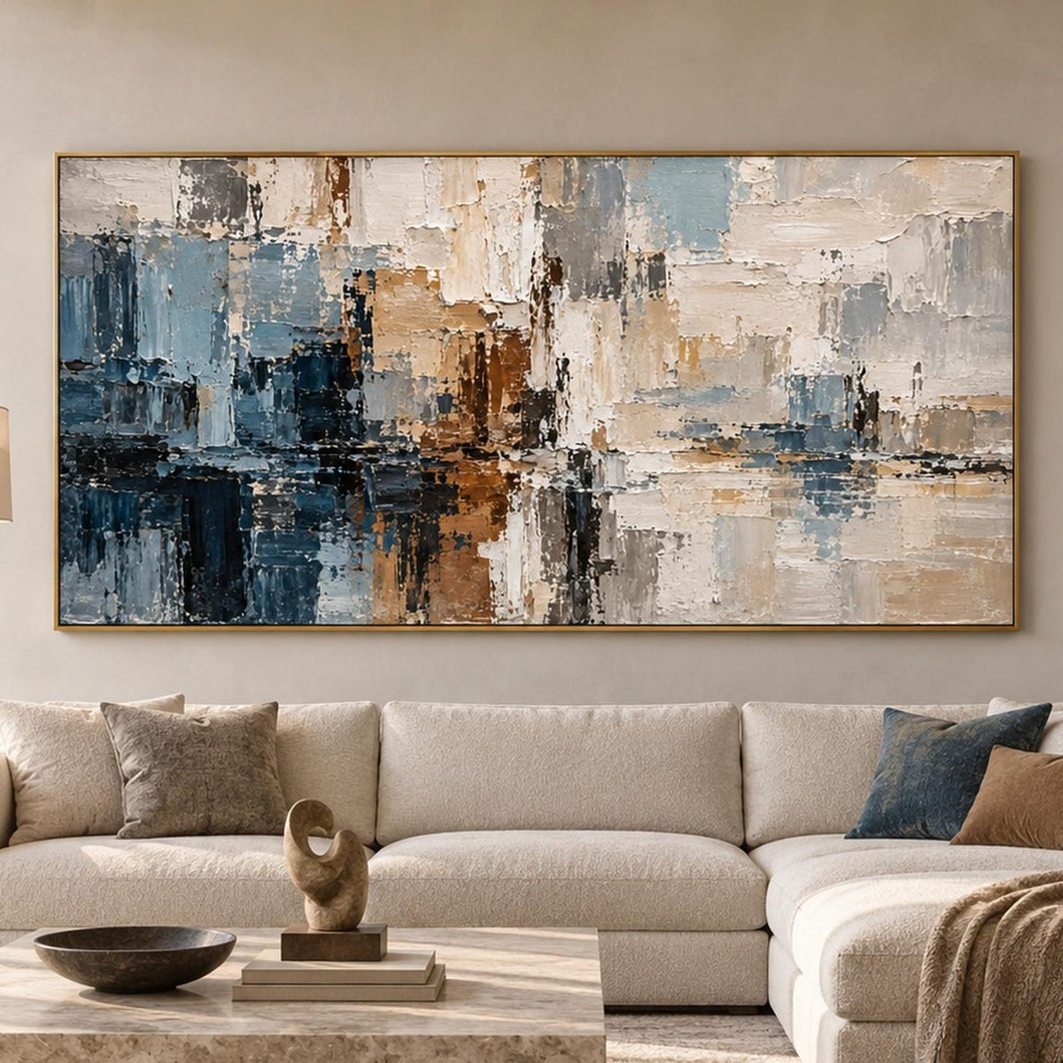 Blue Beige Textured Abstract Painting, Geometric Wall Art, Large Horizontal Canvas -SJ#0275