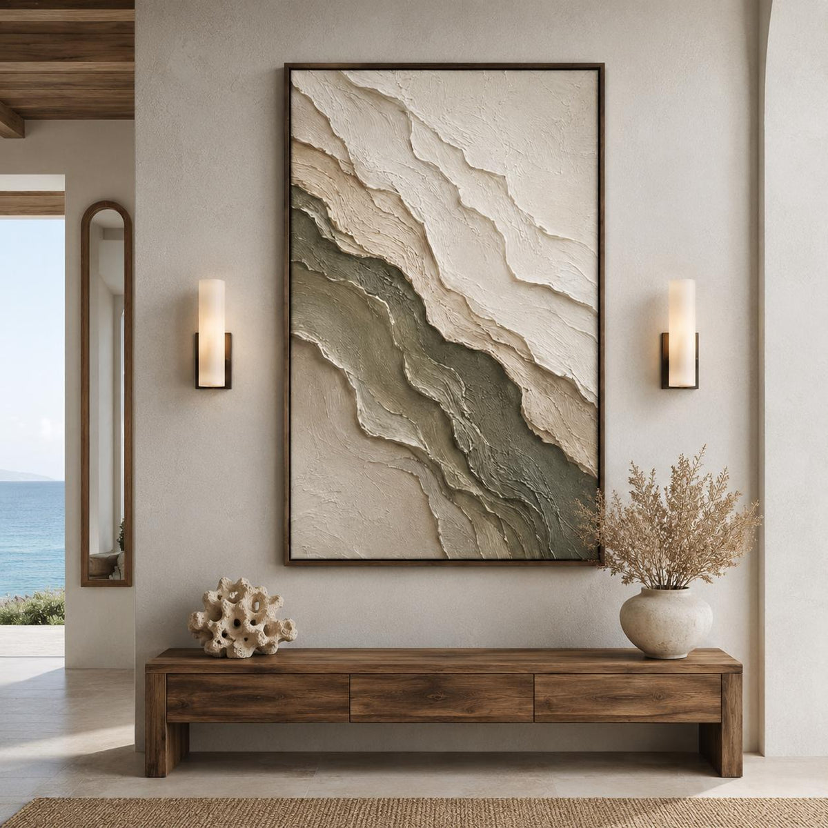 Sage Green Abstract Painting, Textured Flowing Canvas Wall Art, Nature Inspired Plaster Decor, Zen Bedroom Home - Main Product Image | Seegart