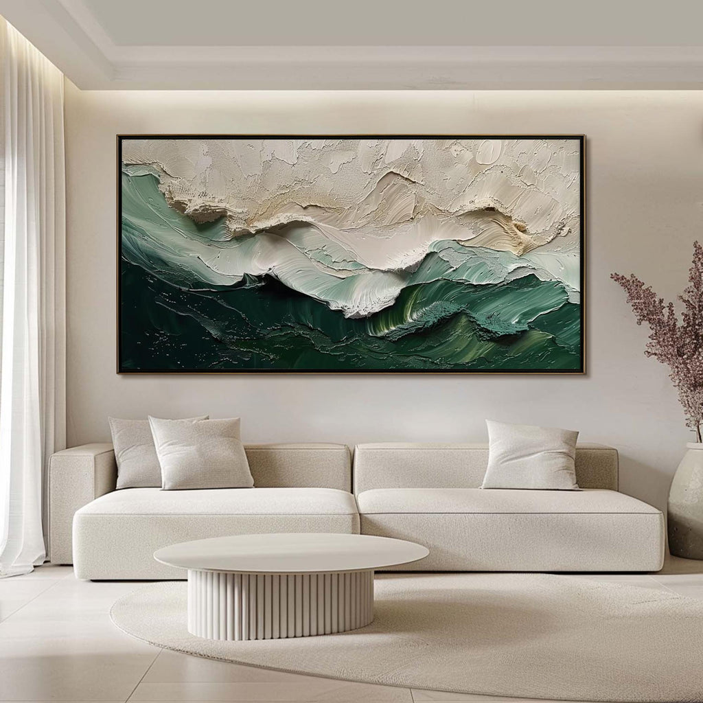 Large Textured Ocean Wave Painting, 3D Impasto Beach Painting on Canvas, Minimalist Green & Beige Wall Art, Coastal Wall Art for Living Room -SJ#0283
