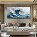 3D Textured Wall Art Original Blue Ocean Wave Oil Painting Abstract Minimalist Impasto Nature Wall Decor Oversized Boho Living Room Wall Art --SJ#0270