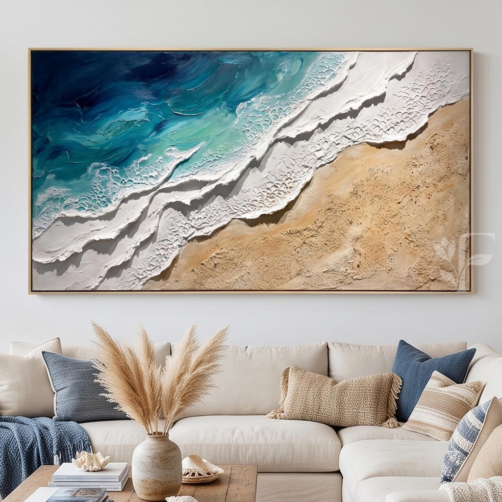 Abstract Seascape Textured Oil Painting, Large Coastal Wave Wall Art,handmade 3D Impasto Seafoam Beach Canvas,modern Living Room Ocean Decor - SJ#0273
