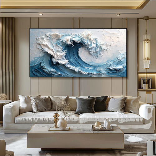 3D Textured Wall Art Original Blue Ocean Wave Oil Painting Abstract Minimalist Impasto Nature Wall Decor Oversized Boho Living Room Wall Art - In Room Setting | Seegart Wall Art