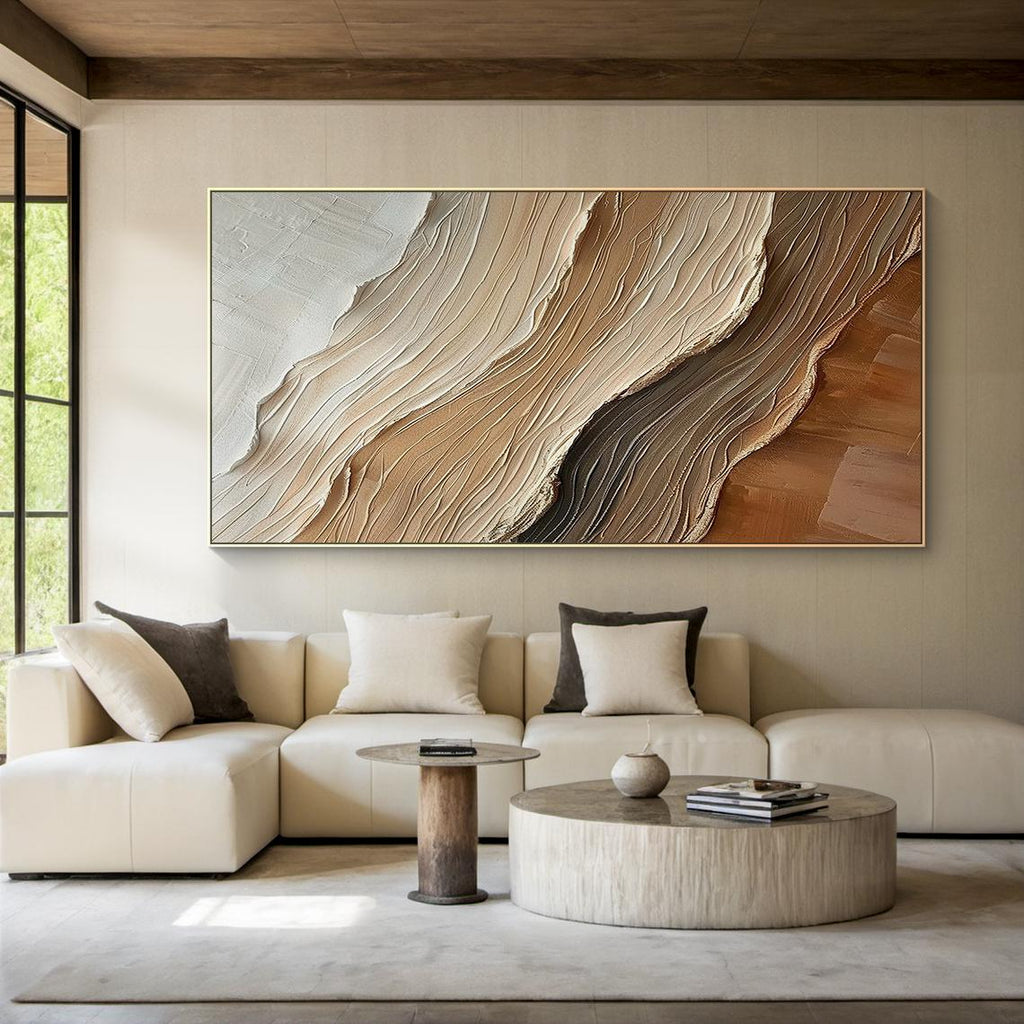 3D Textured Wave Abstract Painting, Neutral Coastal Wall Art, Earth Tone Canvas Art for Living Room Decor - SJ#0271