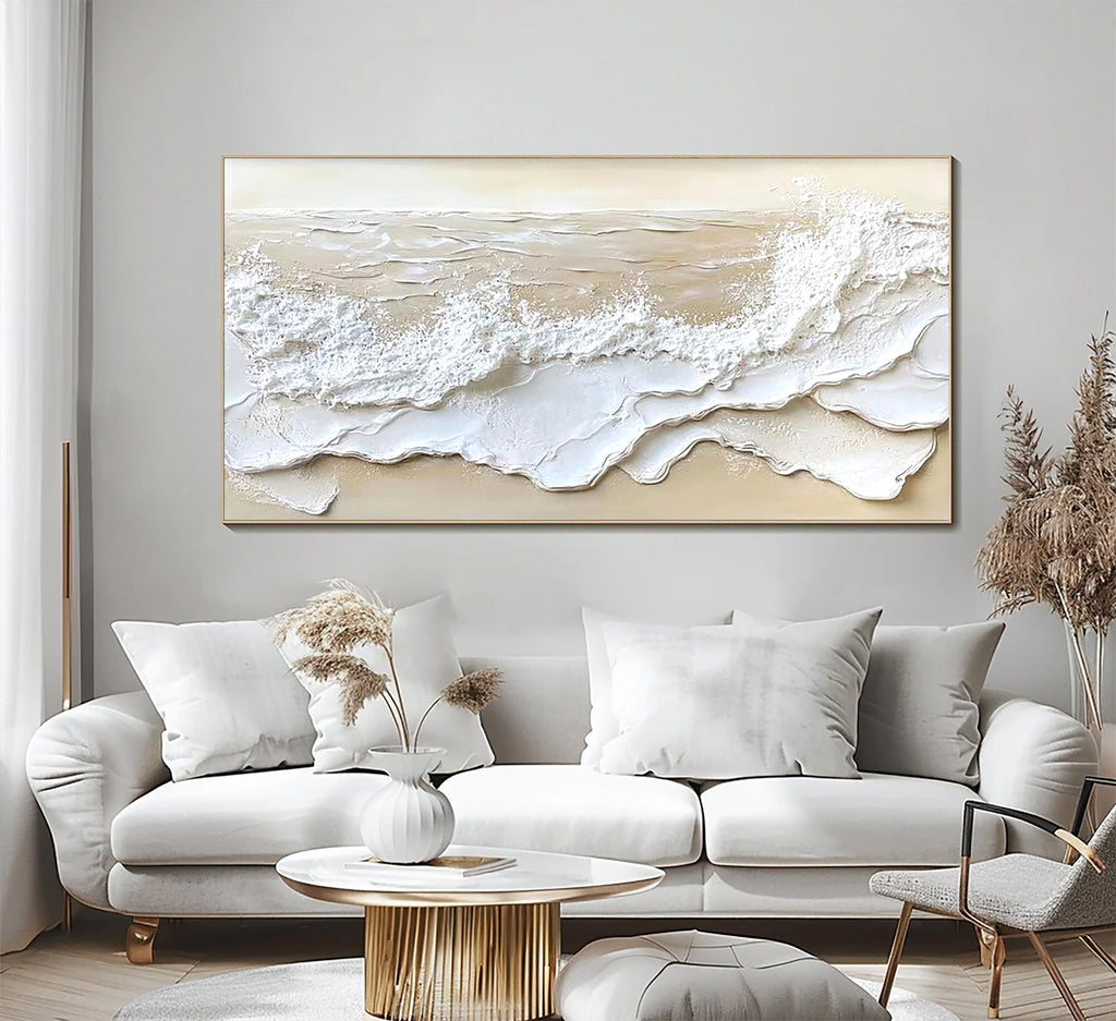 Textured Ocean Waves Painting_ 3D Beige Wabi-sabi Canvas Art -SJ#0286