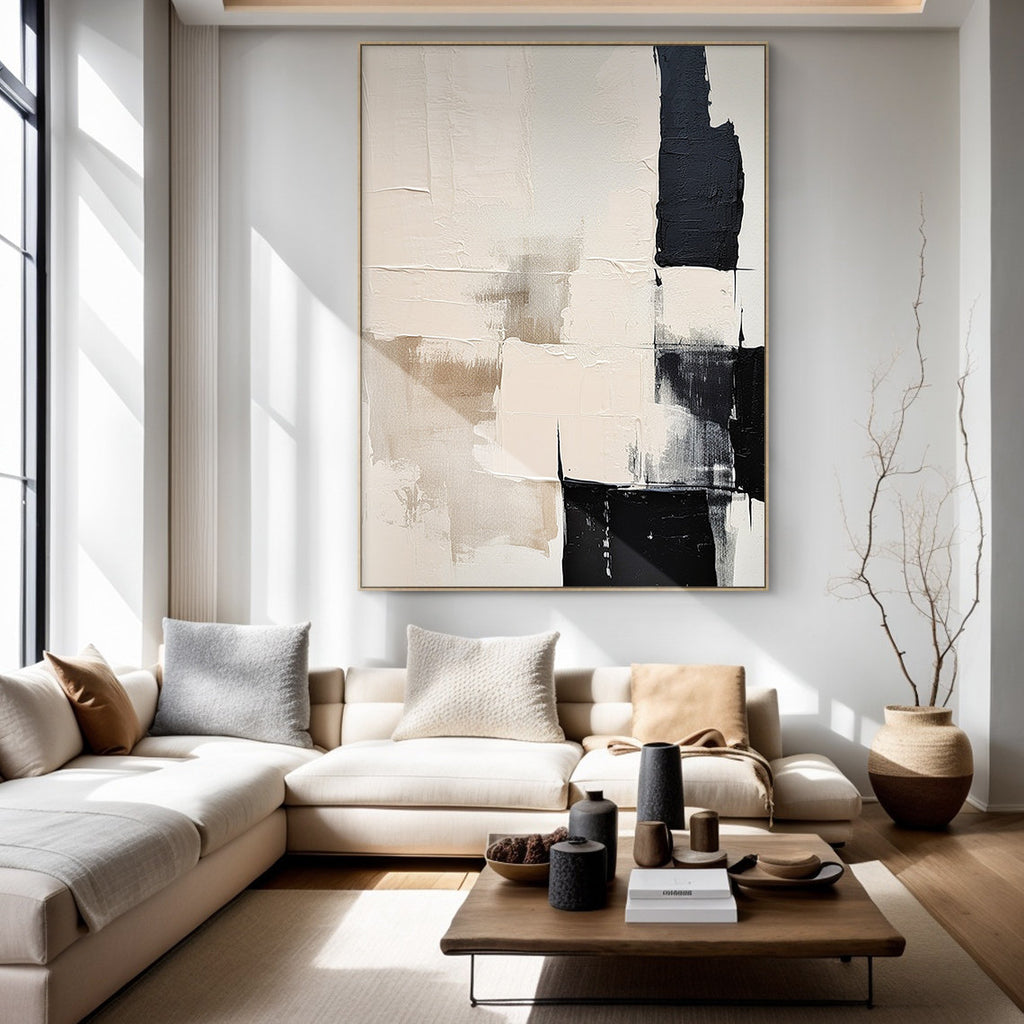 Cream Beige and Black Abstract Oil Painting, Textured Neutral Canvas Art, Modern Minimalist Living Room Decor - SJ#0296