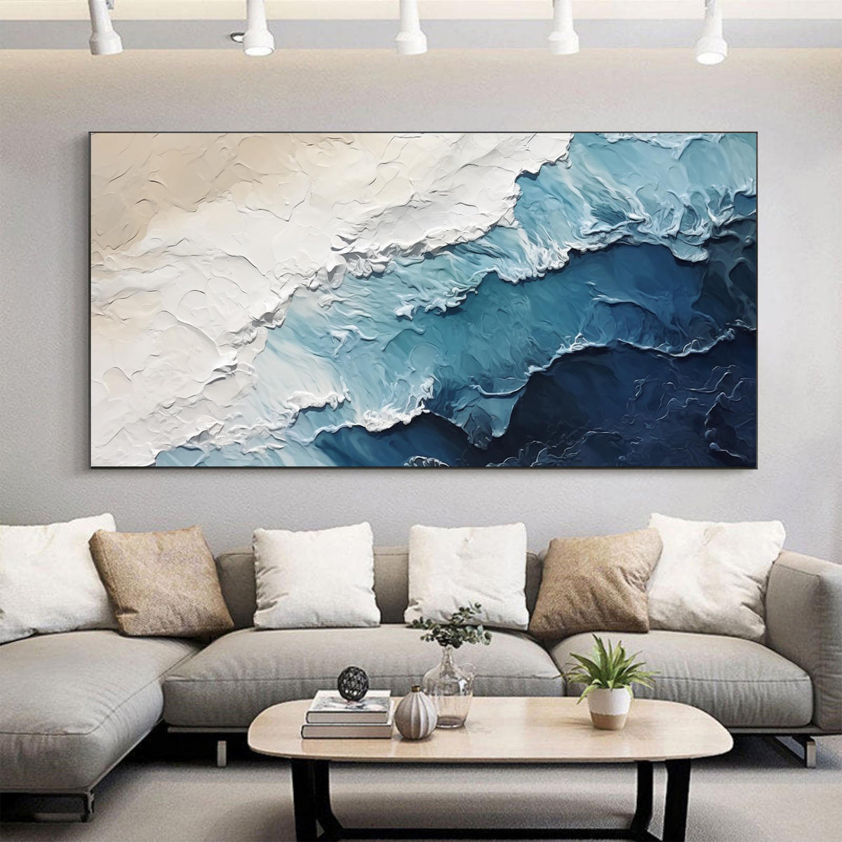 Hand-drawn 3D Ocean Texture Painting, Large Abstract Beach Canvas Art - SJ#0279