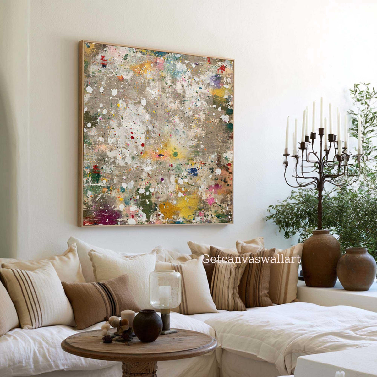 Colorful Abstract Splatter Painting Neutral Textured Wall Art Large Square Modern Canvas -SJ#0311（副本）