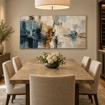 Blue Beige Textured Abstract Painting, Geometric Wall Art, Large Horizontal Canvas -SJ#0275