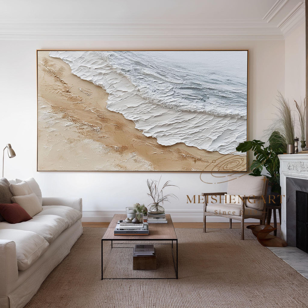 Heavy Textured Ocean Wave Painting_ Minimalist Beach Impasto Art on Canvas - SJ#0280